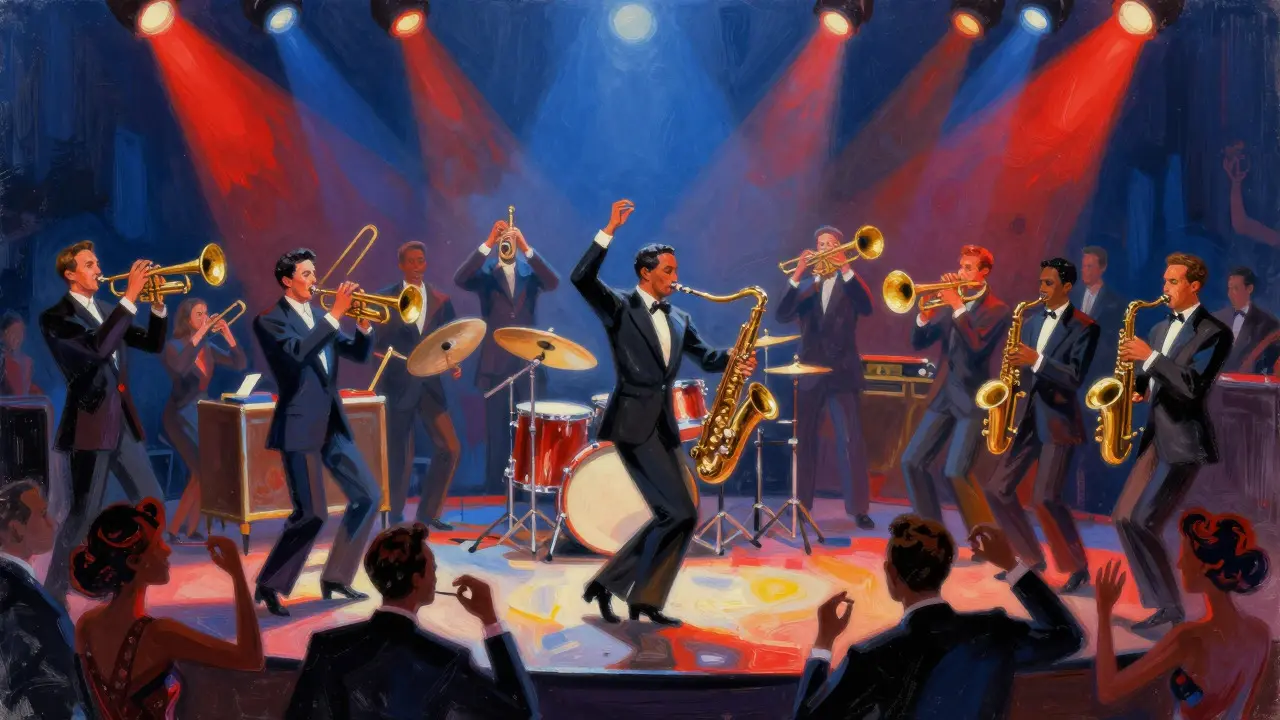 Painterly illustration of a big band performing under colorful stage lights