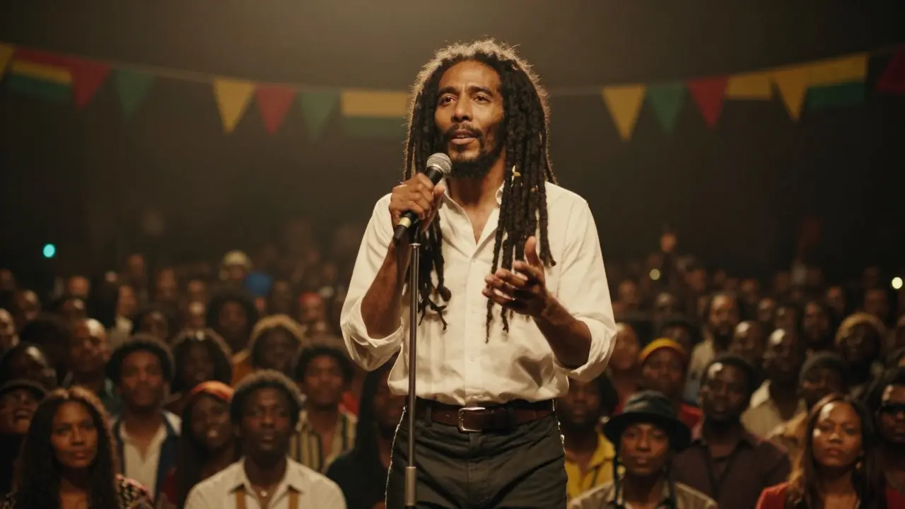 Portrait of a reggae singer on stage addressing a large, illuminated audience
