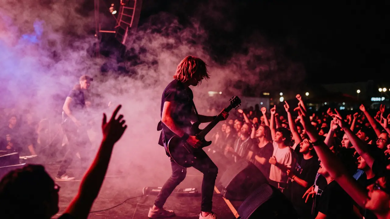 Rock guitarist performing energetically on stage with crowd