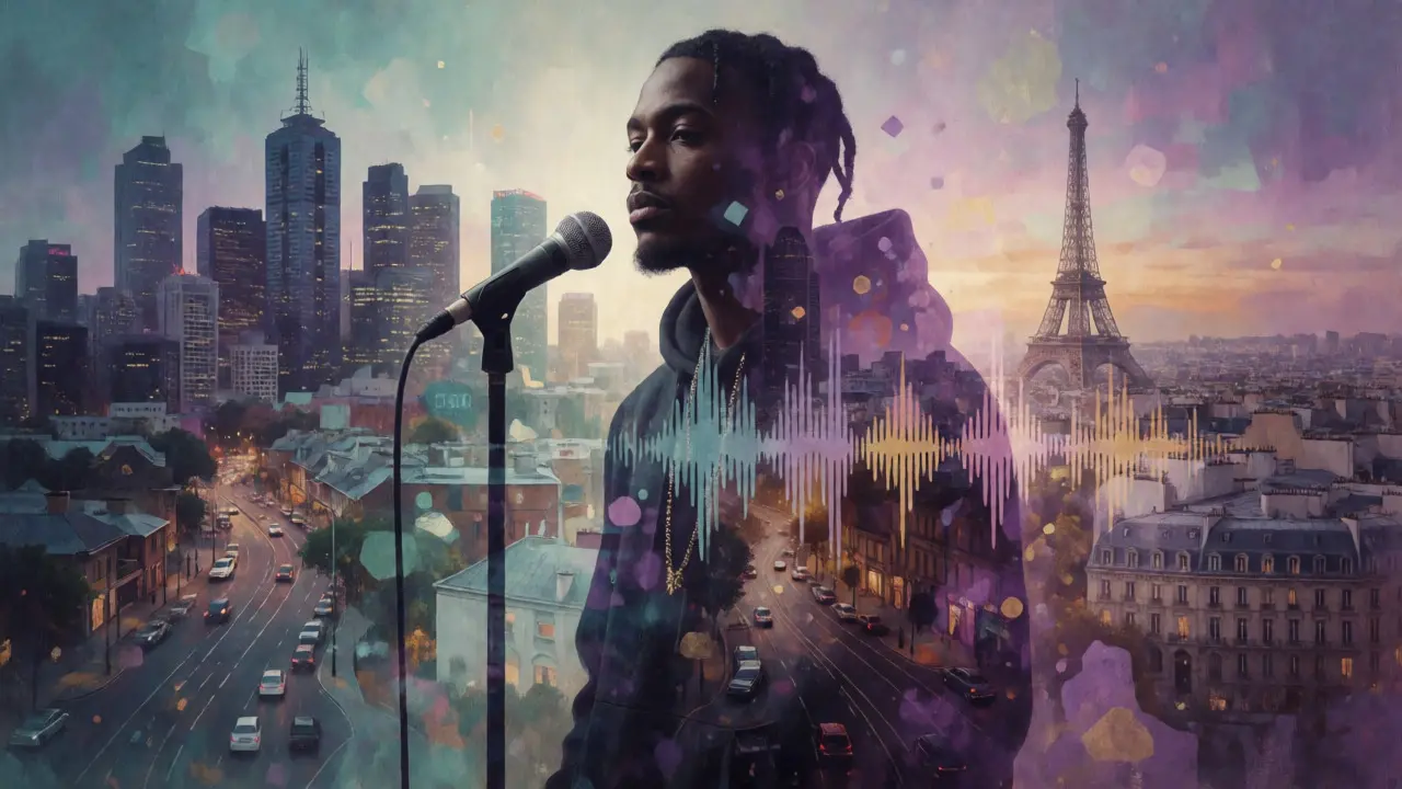 Silhouette of a rapper with a global cityscape background and breaking chains imagery.
