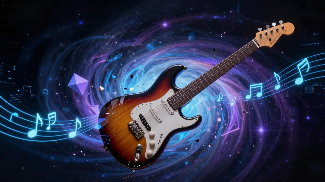 Surreal digital art of an electric guitar dissolving into abstract light streams