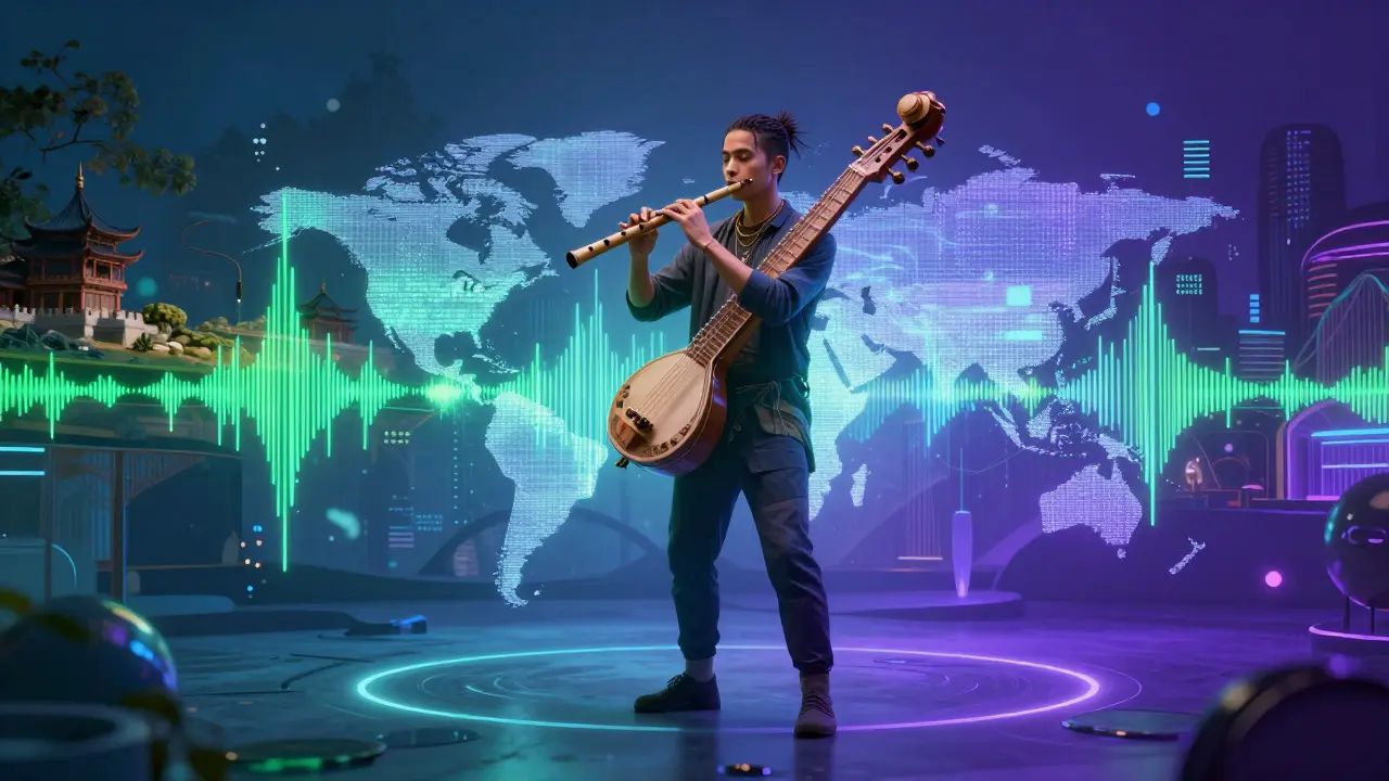 Traditional instruments merging with digital waves symbolizing global music fusion