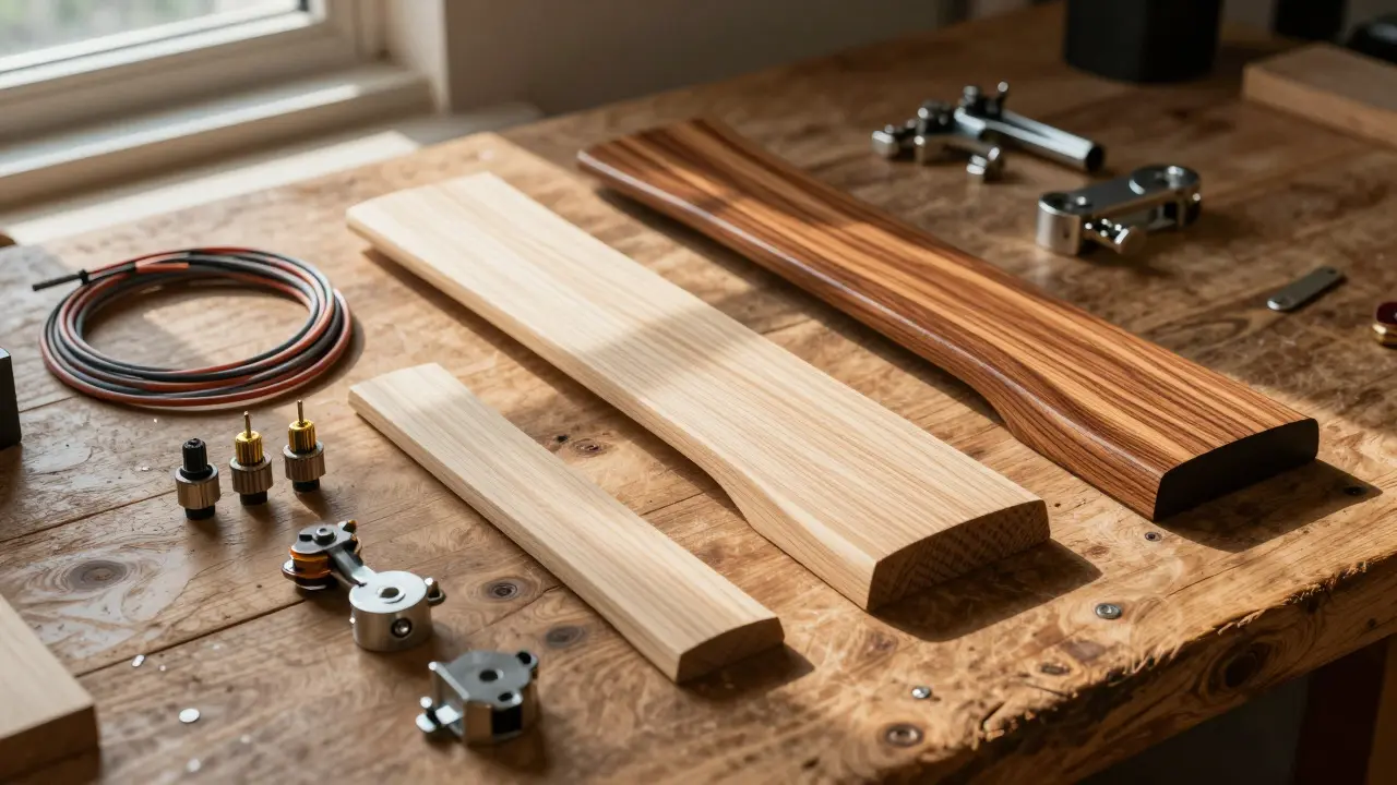 Wood slabs, pickups, and hardware arranged on a workbench for guitar building