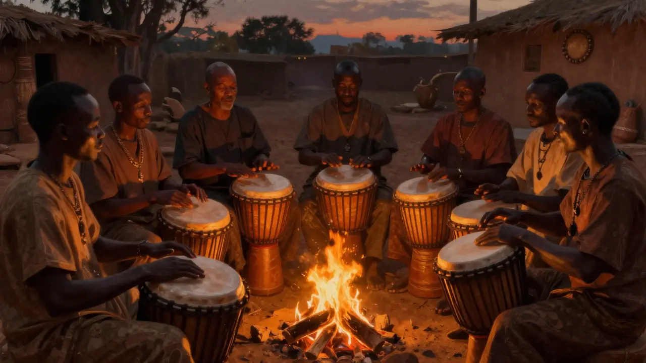 Yoruba musicians playing talking drums in a circle by firelight at dusk