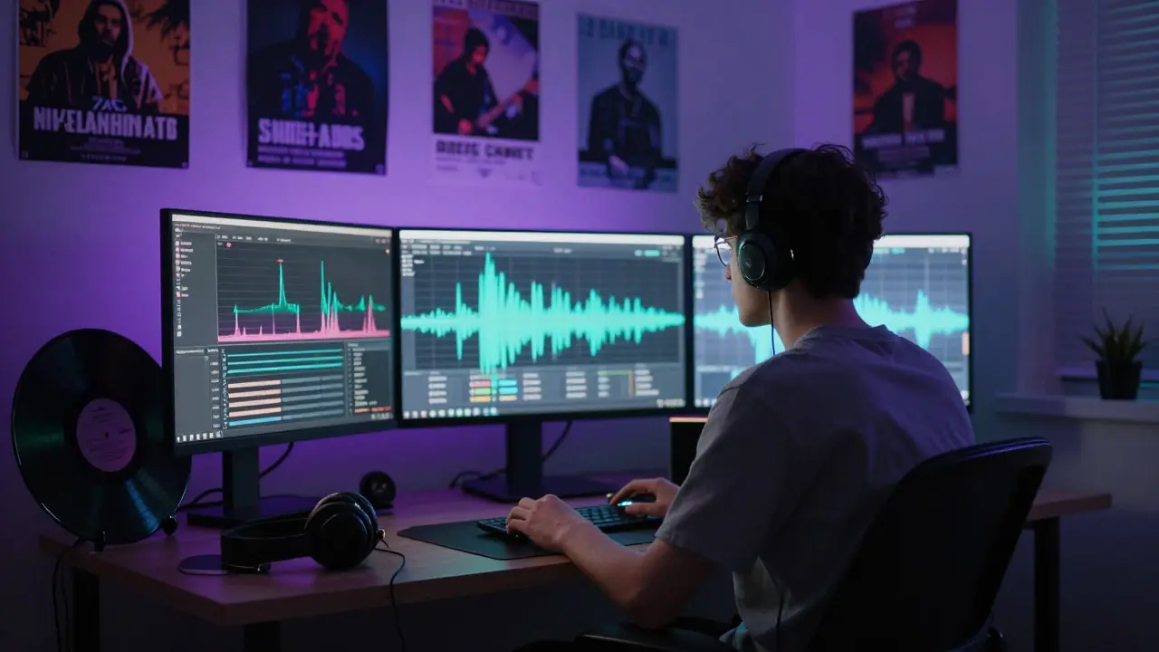 Young fan in a LED-lit room surrounded by tech, representing online music communities.
