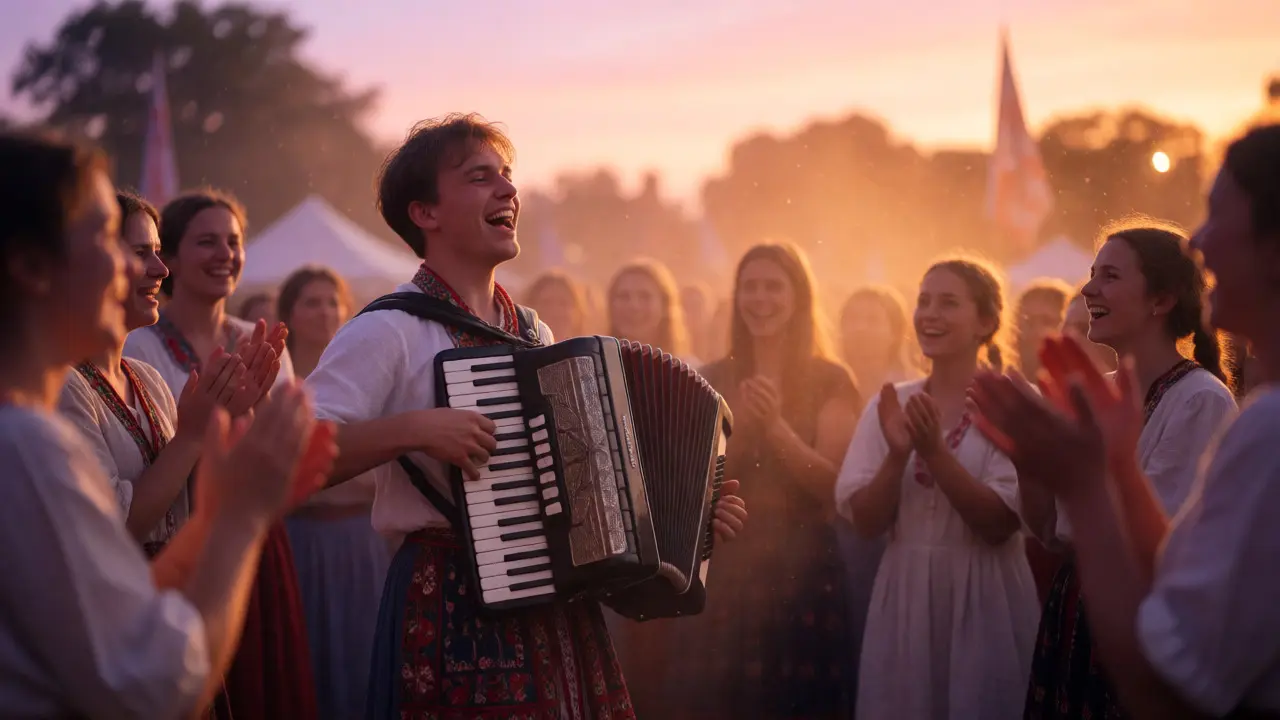 Young musician playing accordion at a lively outdoor folk festival with a singing crowd at sunset.